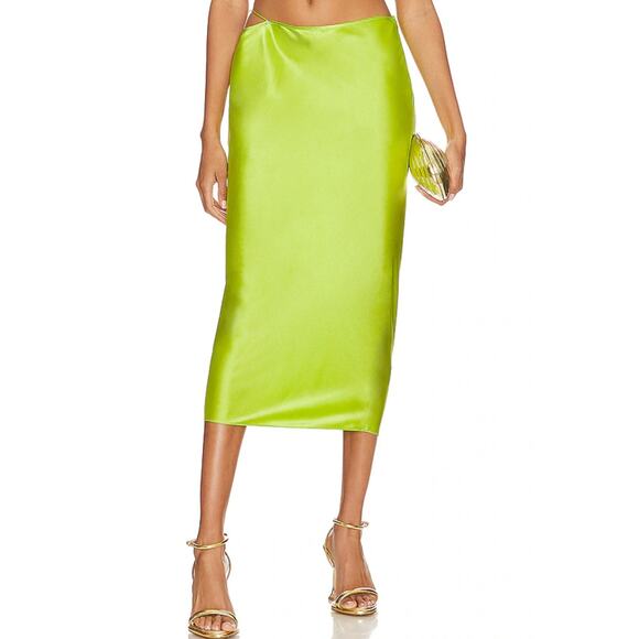 NEW Ser.O.Ya by Retrofete Penina Satin Midi Slip Skirt in Chartreuse - Picture 2 of 16